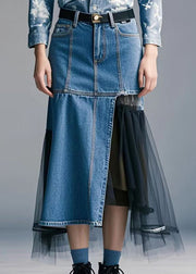 Handmade Blue Asymmetrical Patchwork Tulle Denim Wraped Skirt Spring