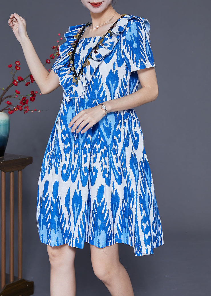 Handmade Blue Cinched Print Linen Vacation Dress Summer