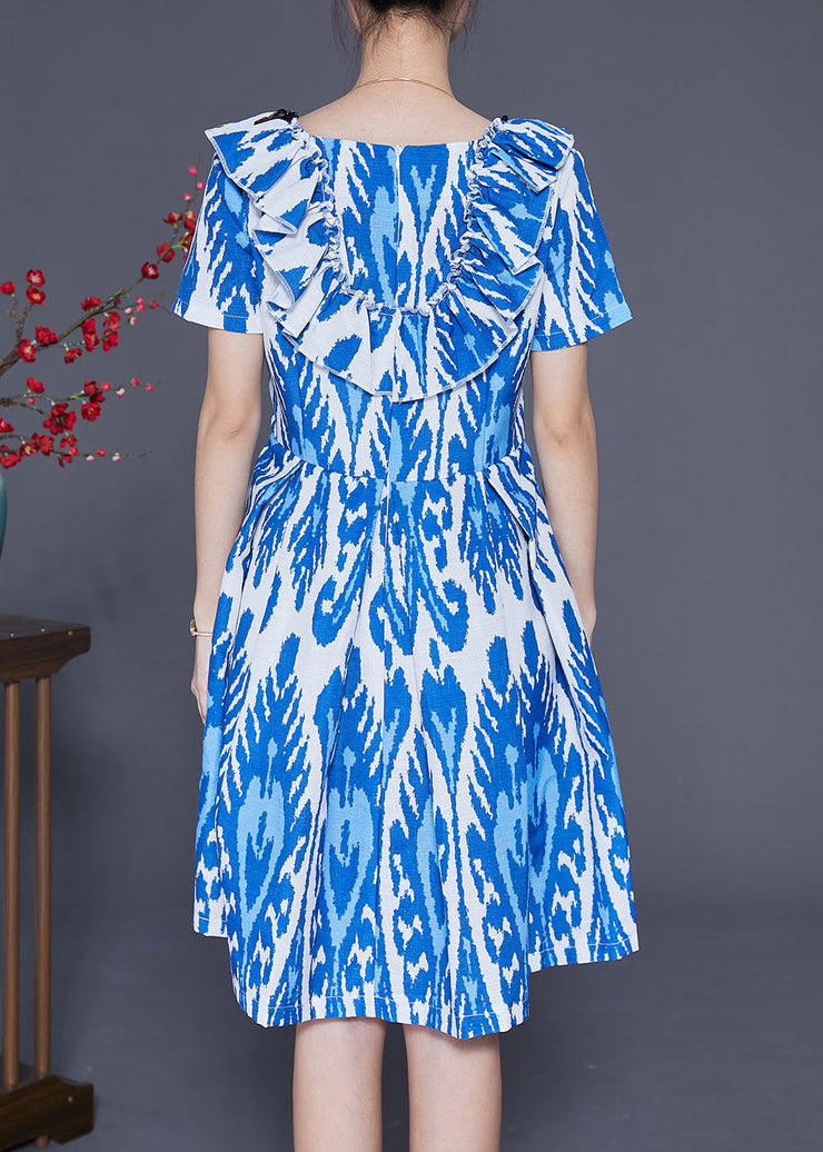 Handmade Blue Cinched Print Linen Vacation Dress Summer