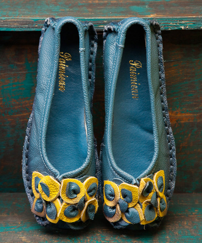 Handmade Blue Cowhide Leather Flower Flat Feet Shoe