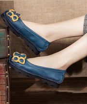 Handmade Blue Cowhide Leather Flower Flat Feet Shoe