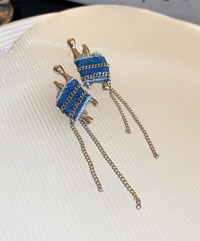 Handmade Blue Denim Cloth Chain Tassel Drop Earrings