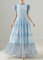 Handmade Blue Embroidered Patchwork Tulle Dress Summer