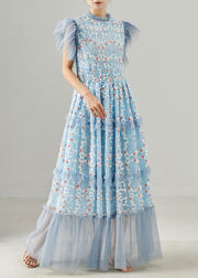 Handmade Blue Embroidered Patchwork Tulle Dress Summer