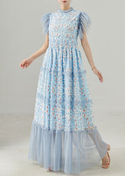 Handmade Blue Embroidered Patchwork Tulle Dress Summer