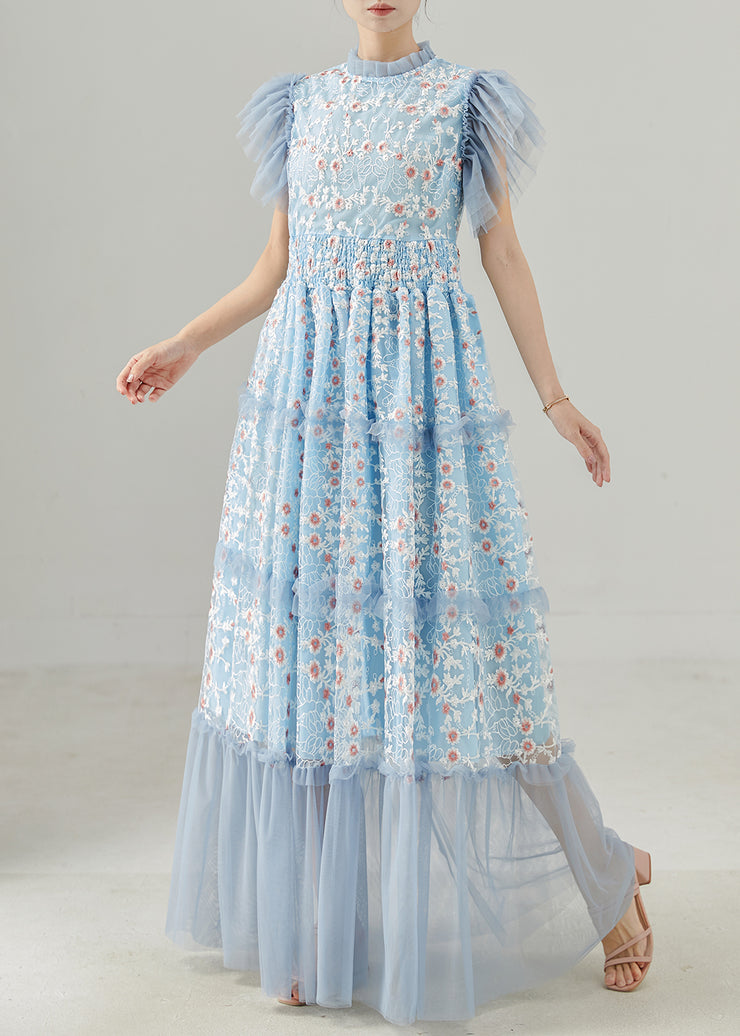 Handmade Blue Embroidered Patchwork Tulle Dress Summer