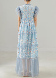 Handmade Blue Embroidered Patchwork Tulle Dress Summer