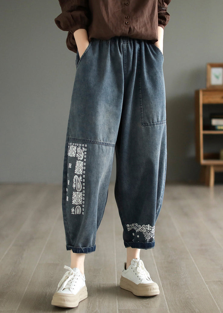 Handmade Blue Embroideried Patchwork Pockets Denim Harem Pants Summer