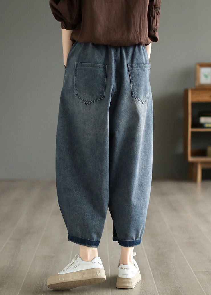 Handmade Blue Embroideried Patchwork Pockets Denim Harem Pants Summer