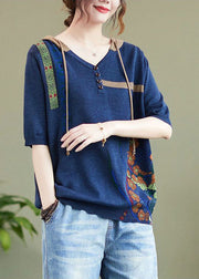 Handmade Blue Hooded Print Knit Top Half Sleeve