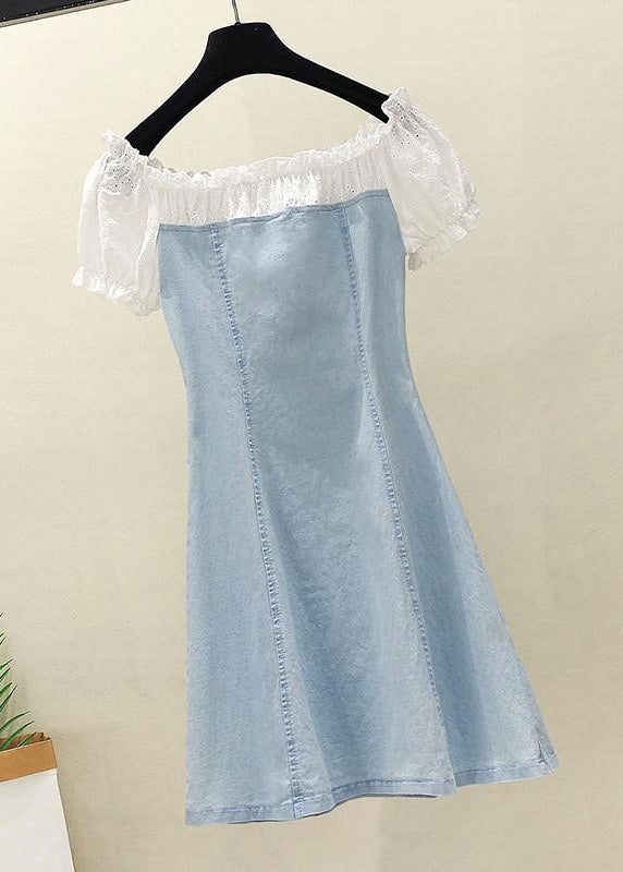 Handmade Blue Lace Patchwork Ruffled Button Denim Mid Dress Short Sleeve