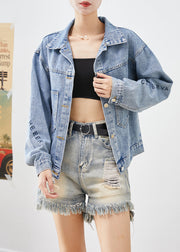 Handmade Blue Letter Embroidered Denim Coat Outwear Fall