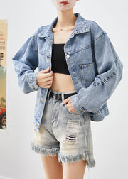 Handmade Blue Letter Embroidered Denim Coat Outwear Fall