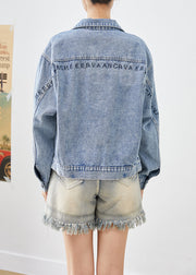 Handmade Blue Letter Embroidered Denim Coat Outwear Fall