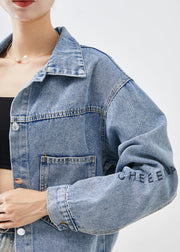 Handmade Blue Letter Embroidered Denim Coat Outwear Fall