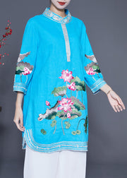 Handmade Blue Lotus Embroideried Linen Mid Dress Summer