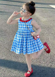 Handmade Blue Love Patchwork Wrinkled Girls Mid Dress Sleeveless