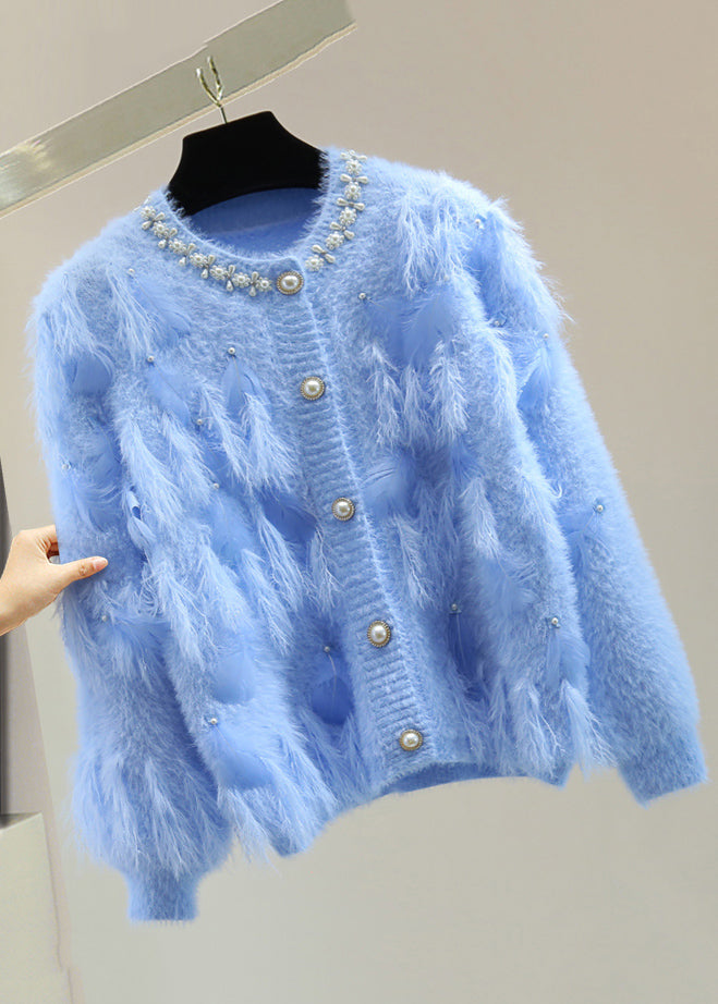 Handmade Blue Nail Bead Patchwork Tassel Solid Cotton Knit Sweaters Winter