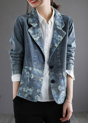 Handmade Blue Notched Print Button Denim Coat Spring