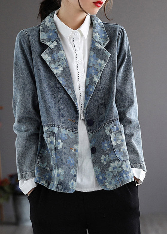 Handmade Blue Notched Print Button Denim Coat Spring