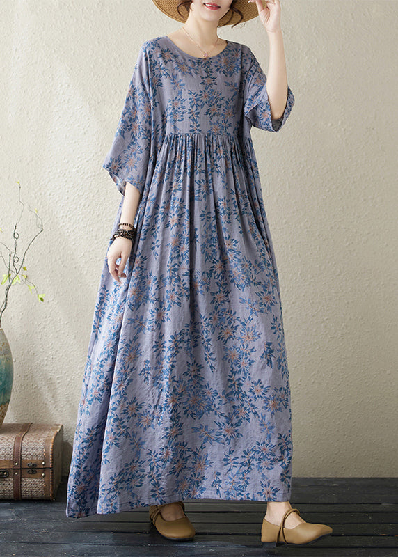 Handmade Blue O Neck Print Plus Size Cotton Dress Summer