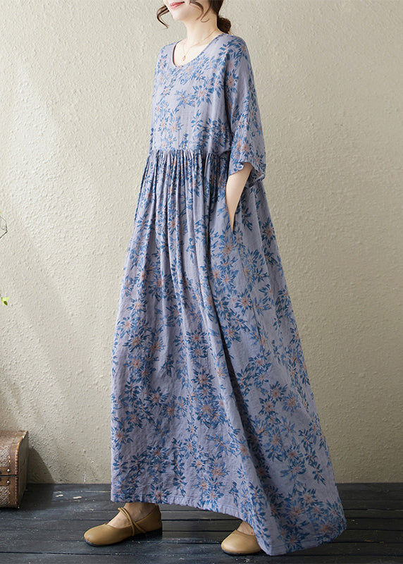 Handmade Blue O Neck Print Plus Size Cotton Dress Summer