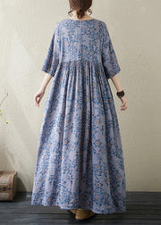 Handmade Blue O Neck Print Plus Size Cotton Dress Summer