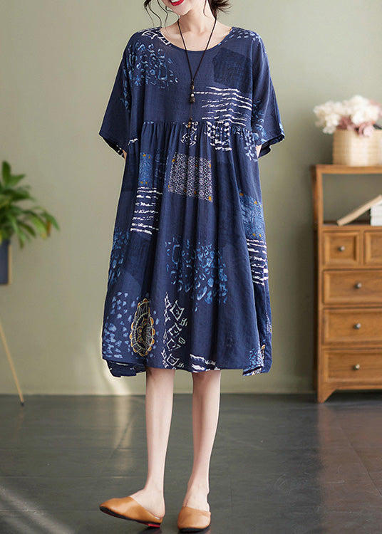 Handmade Blue O-Neck Print Wrinkled Vacation Maxi Dresses Summer