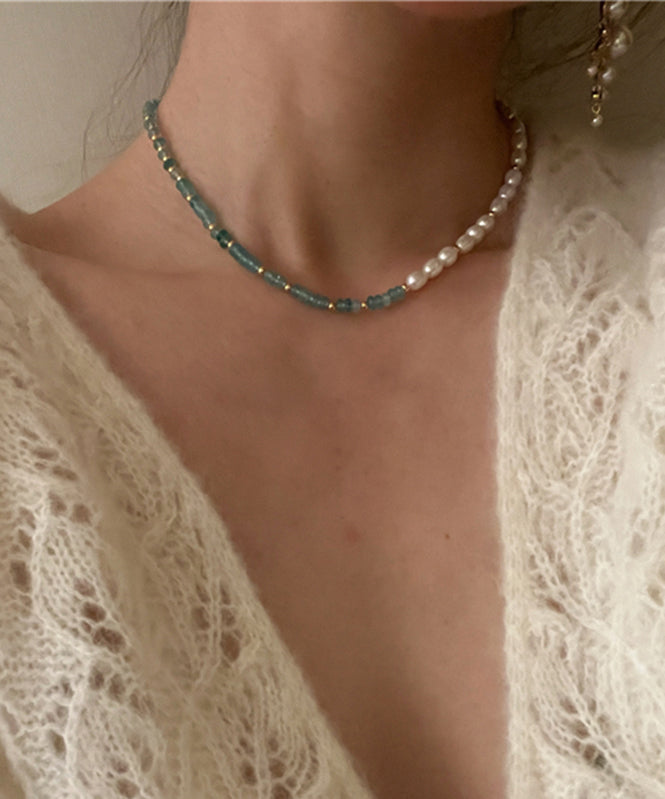 Handmade Blue Overgild Inlaid Jade Pearl Necklace