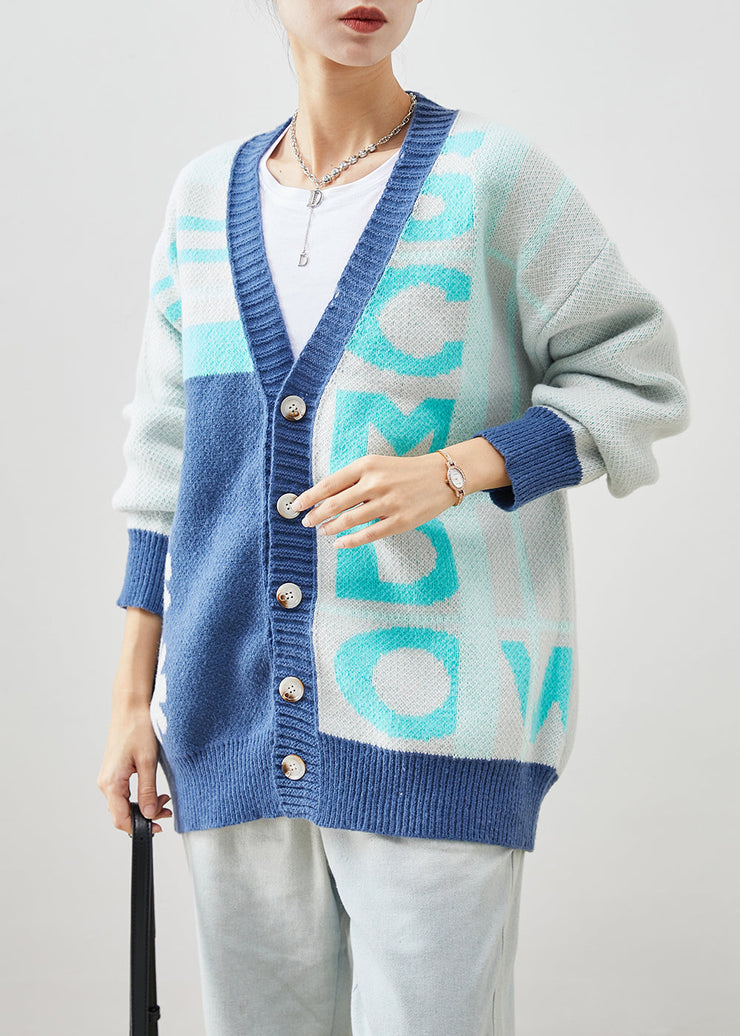 Handmade Blue Oversized Print Knit Coats Winter