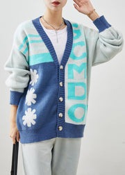 Handmade Blue Oversized Print Knit Coats Winter