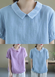 Handmade Blue Patchwork Solid Ramie T Shirt Summer