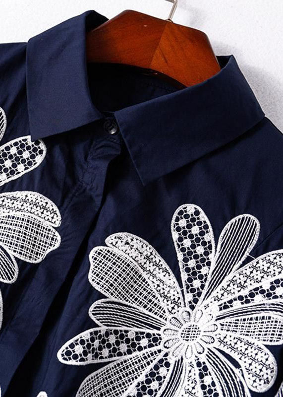Handmade Gray texture Peter Pan Collar Embroidered Asymmetrical Design Cotton Long Shirt Half Sleeve
