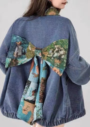 Handmade Blue Peter Pan Collar Pockets Bow Patchwork Denim Jackets Spring