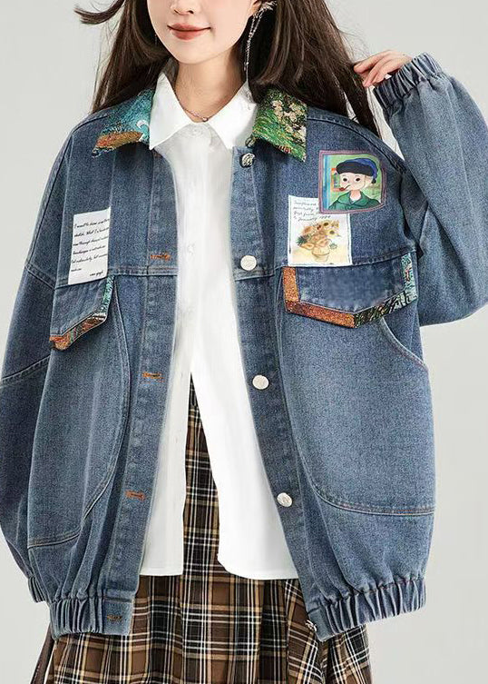 Handmade Blue Peter Pan Collar Pockets Bow Patchwork Denim Jackets Spring