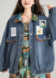 Handmade Blue Peter Pan Collar Pockets Bow Patchwork Denim Jackets Spring