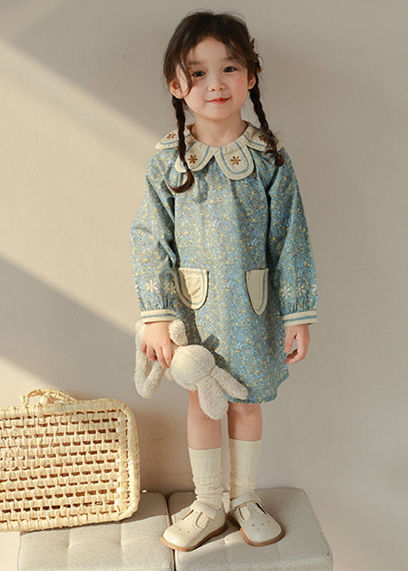 Handmade Blue Peter Pan Collar Print Cotton Kids Long Dresses Spring