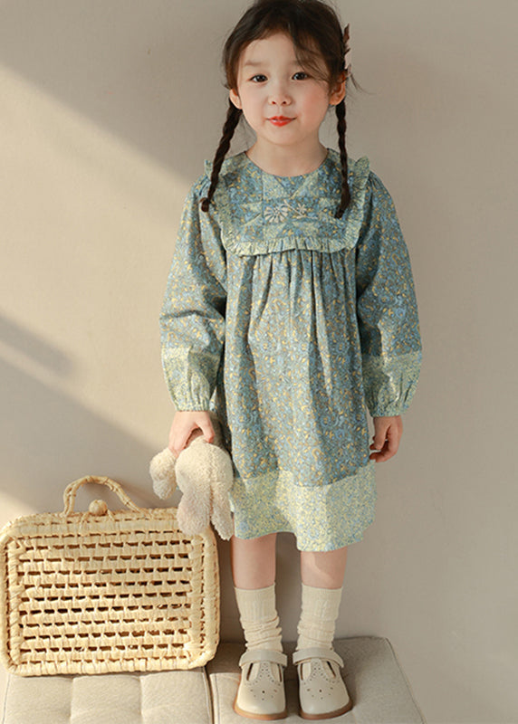 Handmade Blue Peter Pan Collar Print Cotton Kids Long Dresses Spring