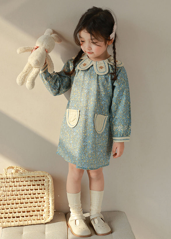 Handmade Blue Peter Pan Collar Print Cotton Kids Long Dresses Spring