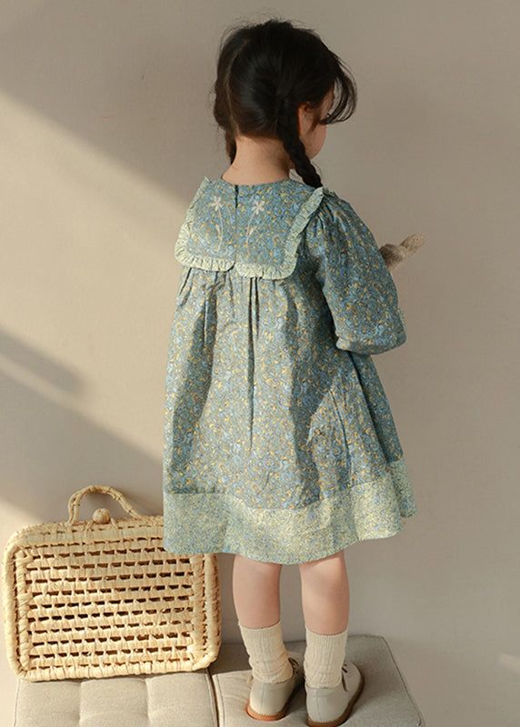 Handmade Blue Peter Pan Collar Print Cotton Kids Long Dresses Spring