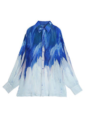 Handmade Blue Peter Pan Collar Tie Dye Wrinkled Silk Shirts Fall