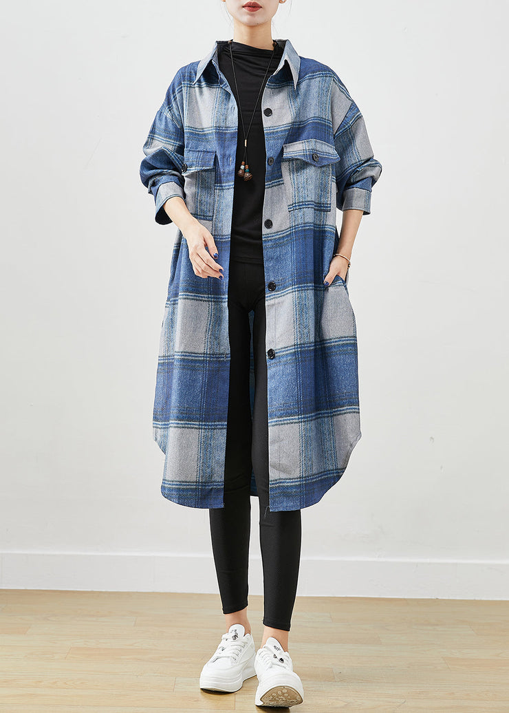 Handmade Blue Plaid Woolen Shirt Trench Coats Fall