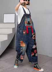 Handmade Blue Pockets High Waist Patchwork Overalls Jumpsuit Fall