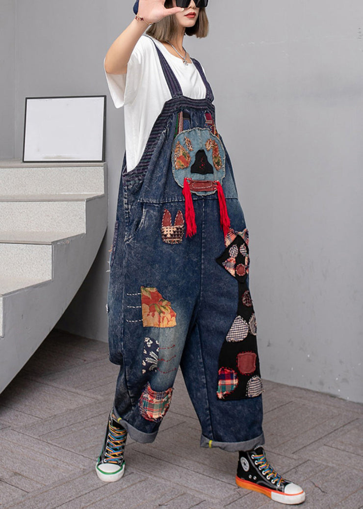 Handmade Blue Pockets High Waist Patchwork Overalls Jumpsuit Fall