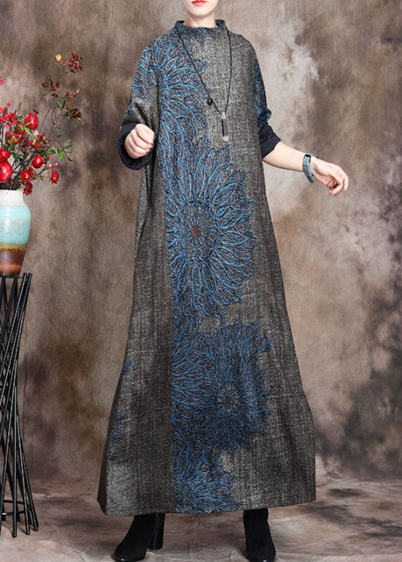 Handmade Blue Print Stand Collar Cashmere Vacation Dresses Long Sleeve