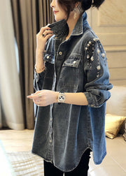 Handmade Blue Square Collar Pearl Patchwork Denim Coats Long Sleeve