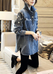 Handmade Blue Square Collar Pearl Patchwork Denim Coats Long Sleeve