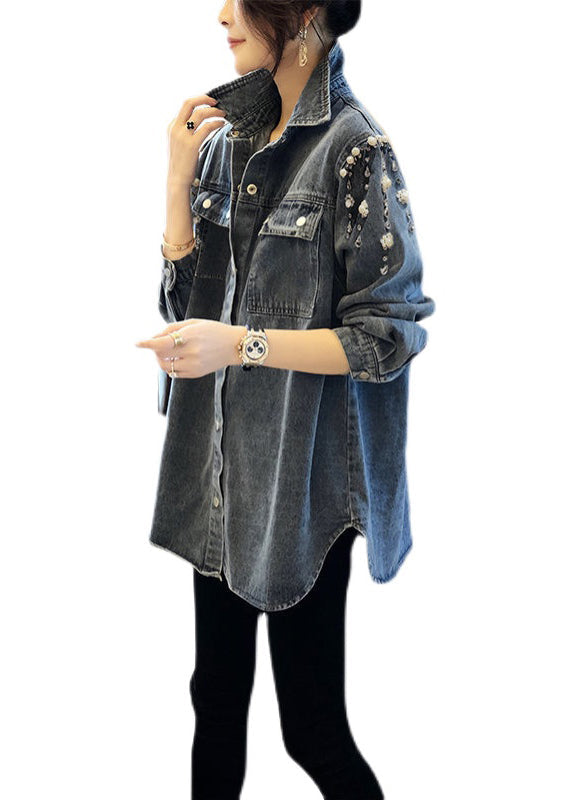 Handmade Blue Square Collar Pearl Patchwork Denim Coats Long Sleeve