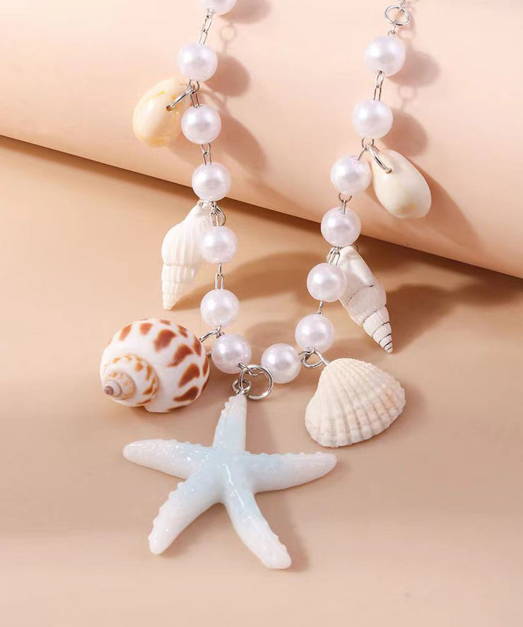 Handmade Blue Stainless Steel Pearl Shells Starfish Pendant Necklace