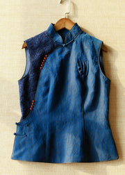 Handmade Blue Stand Collar Patchwork Button Silk Vest Summer